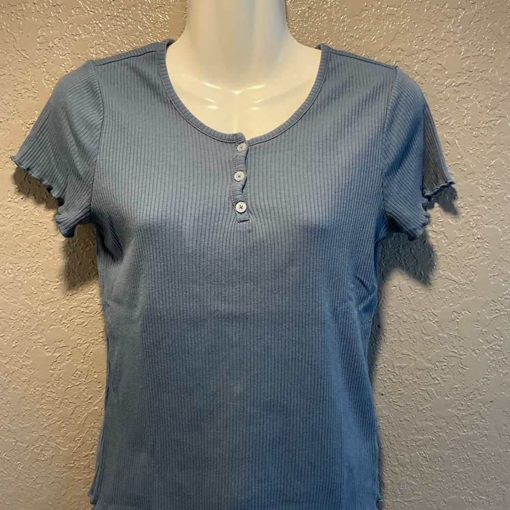 a new day Sky Blue Ribbed Button Short Sleeve Tee